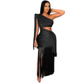 Asymmetric Fringe One-Shoulder Long Dress