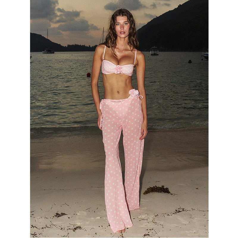 Three-Piece Swimsuit with Polka Dot and Flower Design for Women