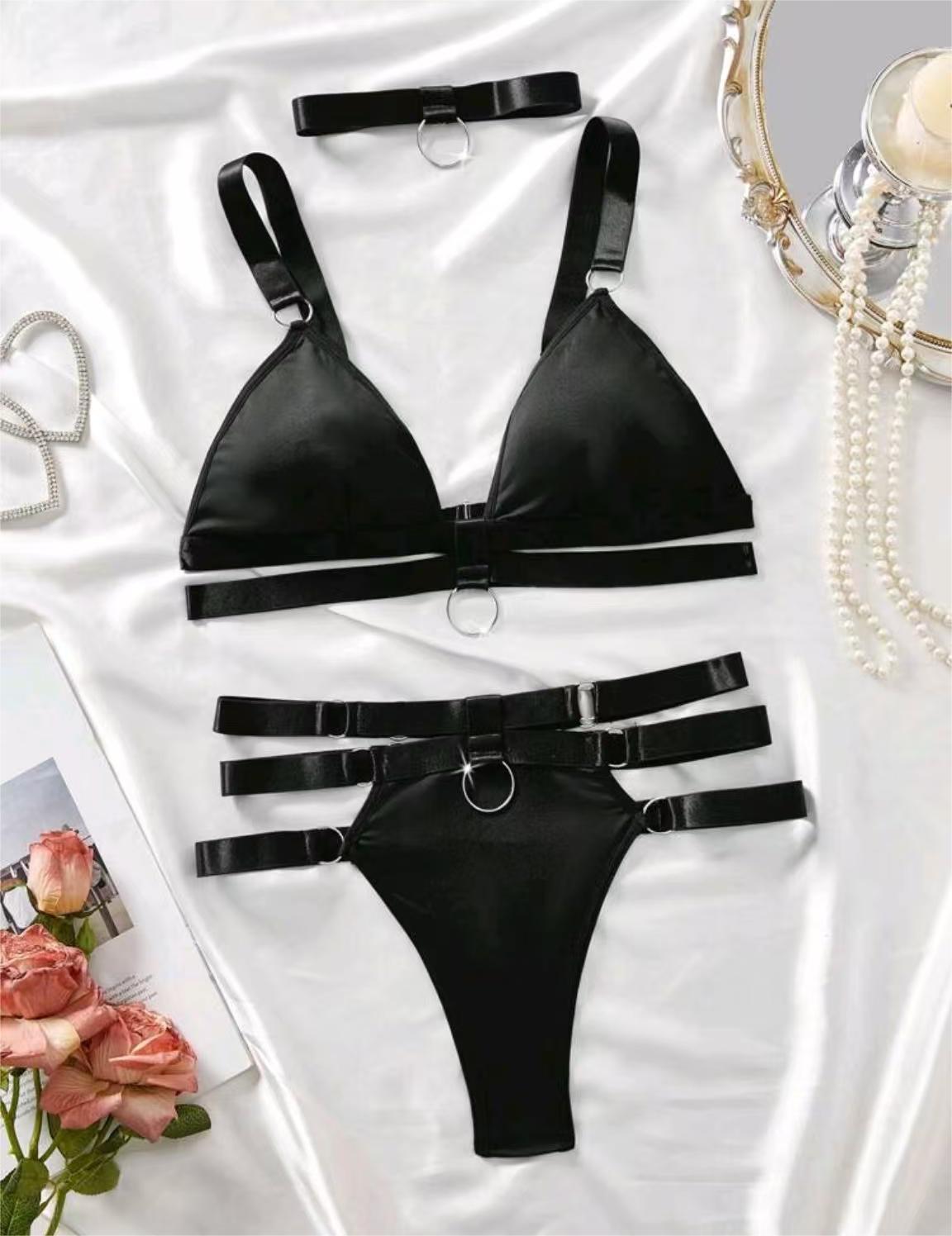 Cross-border Hot Selling Separated Bikini Milk Silk Set V-neck Gathered Metal Accessories Erotic Lingerie