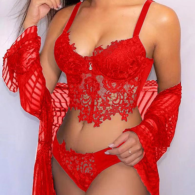 Cross-border Sexy Lingerie Seductive Three-piece Transparent Backless Lace Trim Tempting Sleepwear Two-piece Set