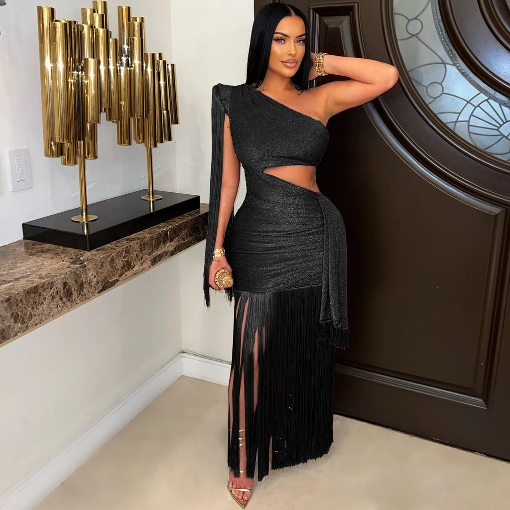 Asymmetric Fringe One-Shoulder Long Dress
