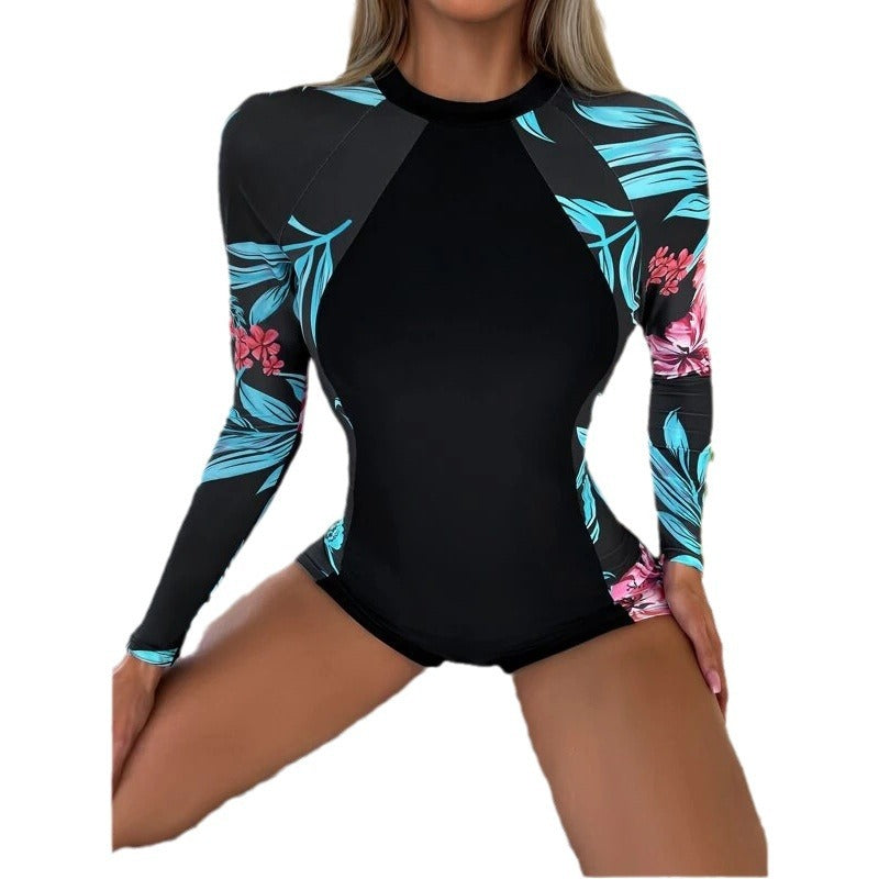 Long Sleeve Printed Diving Suit One-Piece Round Neck Hollow-Out Surfin