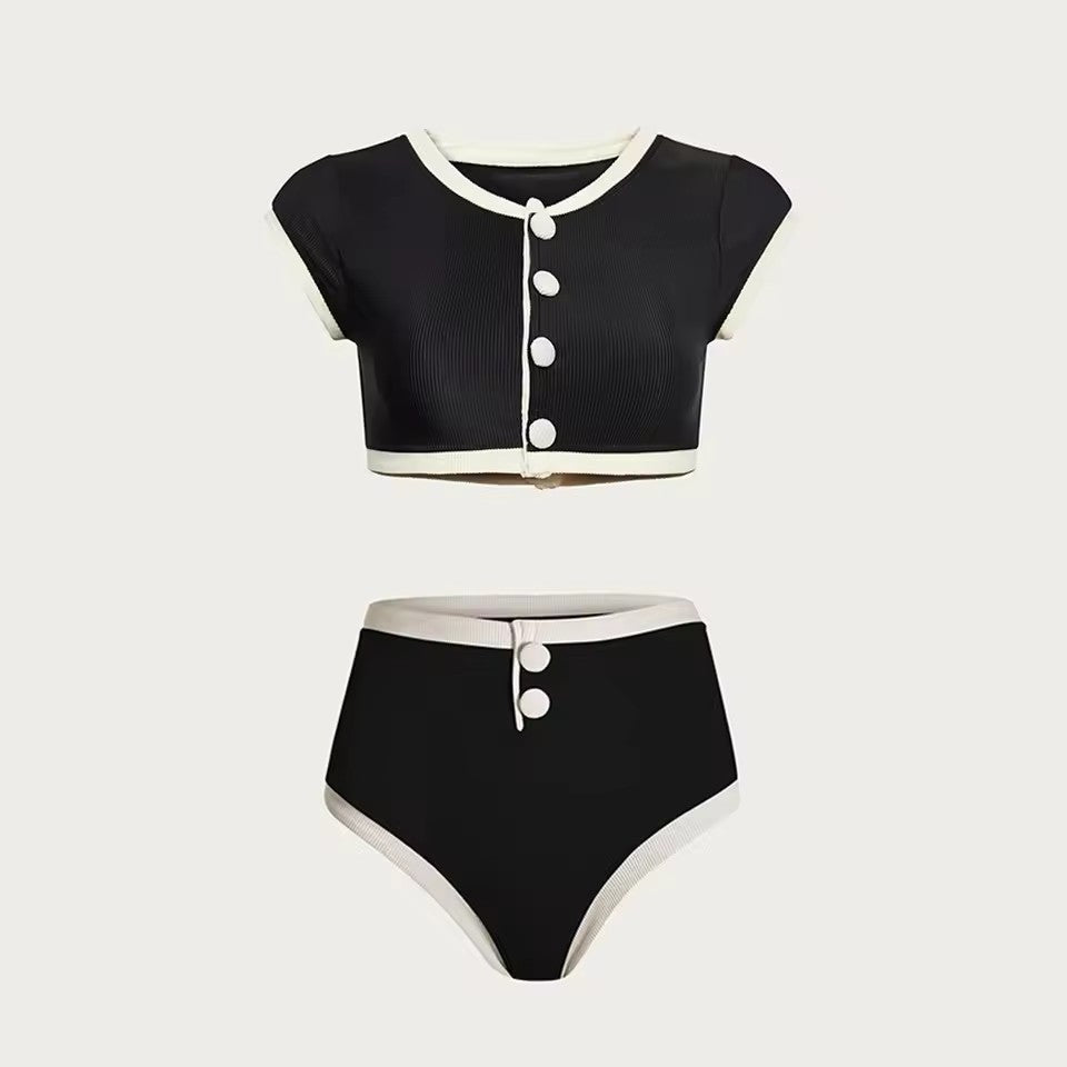 Color Block Two-Piece High-Waisted Women's Short Sleeve Swimsuit Set