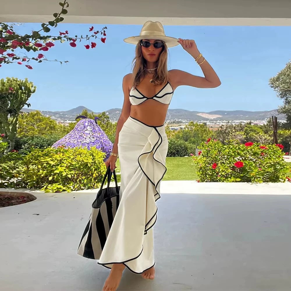 Black and White Color Block Sexy Separate Triangle Cup Tie-Strap Women's Swimsuit Long Skirt