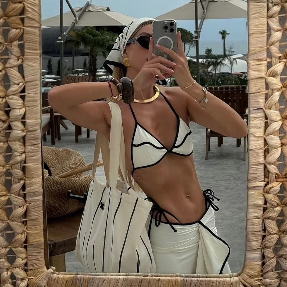 Black and White Color Block Sexy Separate Triangle Cup Tie-Strap Women's Swimsuit Long Skirt